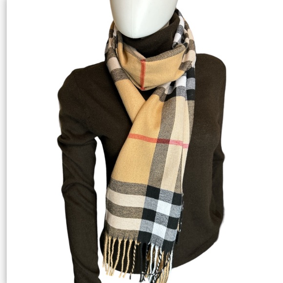 Tartan Plaid Scarf with fringe oblong 100% acrylic. tan white black 70 X 13 new - Picture 8 of 11